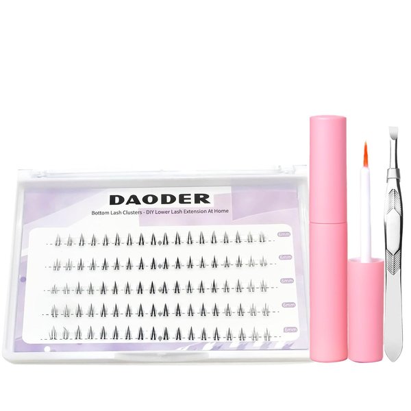 Bottom Lash Clusters Kit Lower Lash Extension Natural & Cute With Eyelash Glue and Tweezers for Self Application 6mm 90PCS DIY Lash Clusters Kit by DAODER(Lower Eyelash Extension Kit)