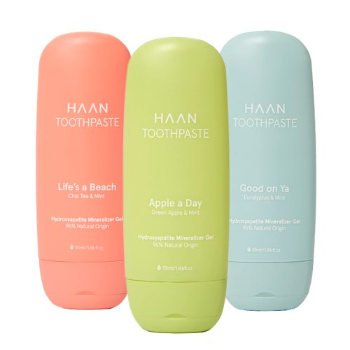 HAAN Natural Toothpaste Made with Clean, Vegan Ingredients for Cavity Protection | Parabens, Sulfates & Charcoal Free | 1 of Flavor of Each: Life's a Beach, Good on Ya & Apple Day (Pack 3 Bottles)
