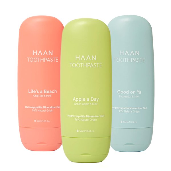 HAAN Natural Toothpaste Made with Clean, Vegan Ingredients for Cavity Protection | Parabens, Sulfates & Charcoal Free | 1 of Flavor of Each: Life's a Beach, Good on Ya & Apple Day (Pack 3 Bottles)