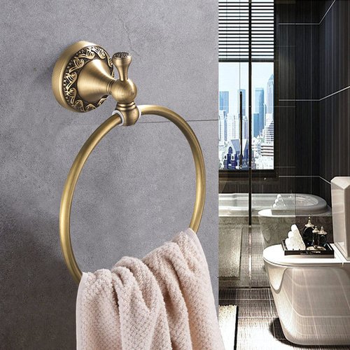 Leyden Brass Towel Ring, Antique Retro Round Towel Holder, Wall Mounted Bath Hand Towel Rack Rail Bathroom Hardware Classical Ancient Wave Pattern Base