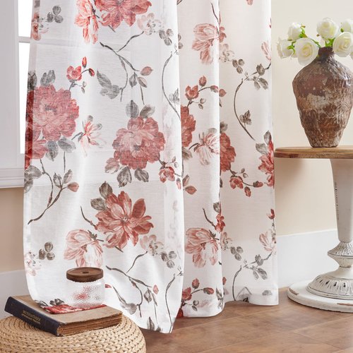 Red Floral Curtains 63 Inch Length 2 Panels Set Semi Sheer Flower Curtains for Living Room Bedroom Slub Textured Fabric Rod Pocket Light Filtering Window Drapes Modern Antique Garden Decor, 52x63