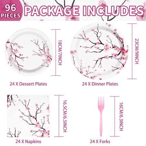 96 PCS Cherry Blossom Party Supplies 350 GSM Cherry Blossom Plates and Napkins Disposable Tableware Set Cherry Blossom Birthday Decorations for Baby Bridal Shower Tea Cherry Blossom Decor Serves 24
