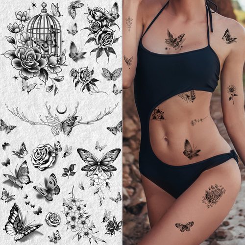 Cerlaza 20 Sheets Black Butterfly Temporary Tattoos for Adult Women, 120 Styles Small Butterflies Fake Tattoo Waterproof Long Lasting, Semi Permanent Tattoos Temporary Realistic for Girls Kids