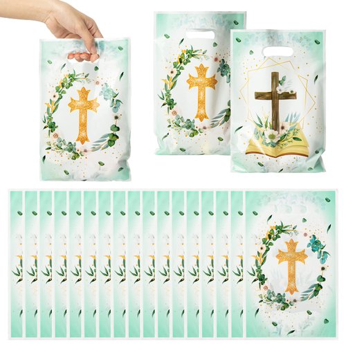 3sscha 50Pcs Cross Party Favor Bag Baptism First Communion Waterproof Goodie Bag with Die Cut Handles God Bless Church Religious Plastic Gift Bags for Kids Birthday Baby Shower Decoration Supplies