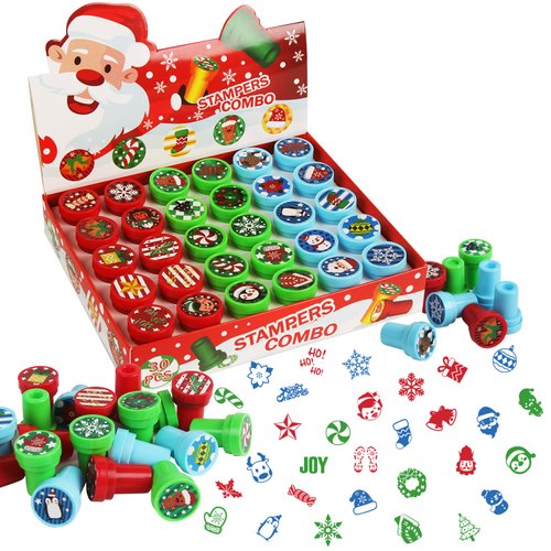 SULOLI 30pcs Christmas Stamps, Assorted Colored Self Ink Christmas Stampers with 30 Styles Mini Plastic Holidays Stampers for Kids Toys Xmas Party Favors Bag Fillers Card Making