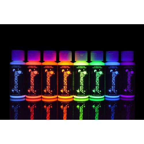 Midnight Glo UV Neon Face & Body Paint Glow - Blacklight Reactive Fluorescent Paint - Safe, Washable, Non-Toxic, Great For Raves, Parties, Festivals, Halloween (2 oz Bottles(8))
