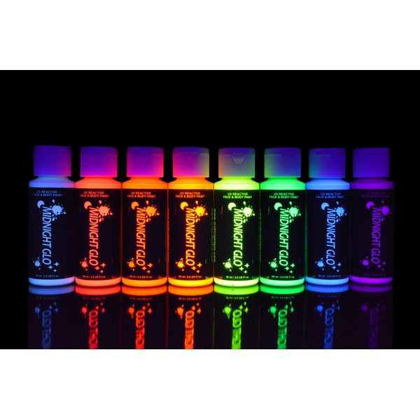 Midnight Glo UV Neon Face & Body Paint Glow - Blacklight Reactive Fluorescent Paint - Safe, Washable, Non-Toxic, Great For Raves, Parties, Festivals, Halloween (2 oz Bottles(8))