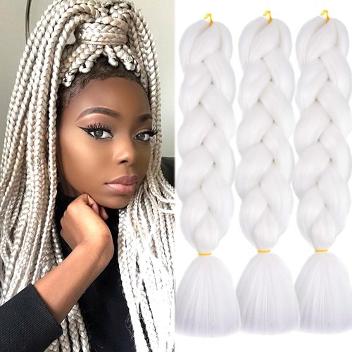 DOREN Jumbo Braids Hair Extensions Synthetic Hair Pure Color 3 Packs for Twist Box Braiding Hair 24inches #60 White Color