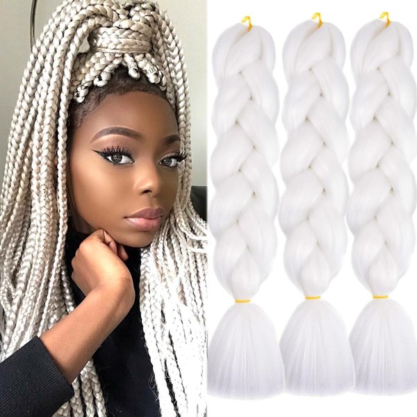 DOREN Jumbo Braids Hair Extensions Synthetic Hair Pure Color 3 Packs for Twist Box Braiding Hair 24inches #60 White Color