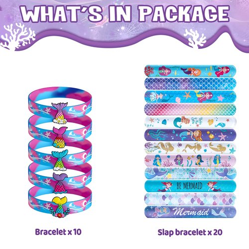 DMIGHT Mermaid Party Favors 30 Pcs Silicone Wristband Slap Bracelets Goody Bag Favors for Boys Girls Mermaid Birthday Party Under The Sea Themed Baby Shower Supplies