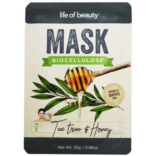 Life of Beauty Tea Tree and Honey Facial Sheet Mask Set - Bio Cellulose Korean Face Masks - Soothing Face Mask (Tea Tree and Honey, Single Pack)