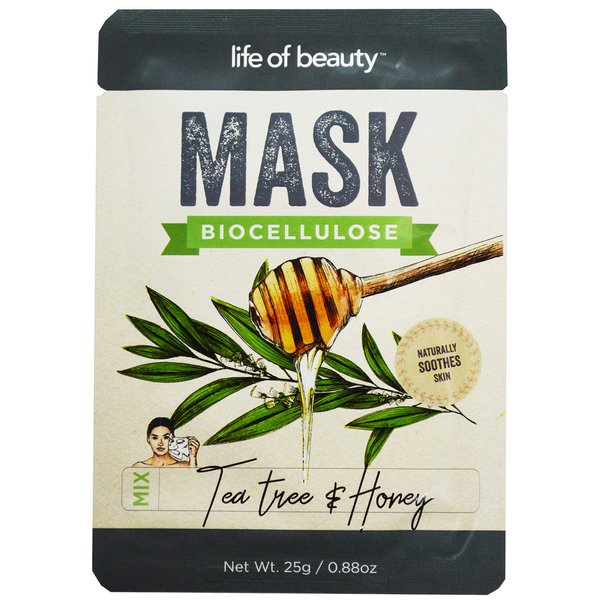 Life of Beauty Tea Tree and Honey Facial Sheet Mask Set - Bio Cellulose Korean Face Masks - Soothing Face Mask (Tea Tree and Honey, Single Pack)