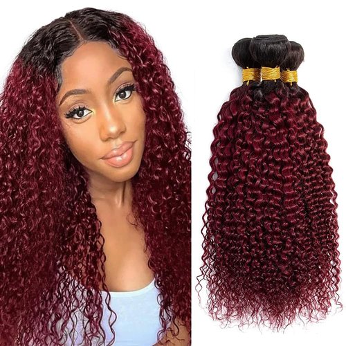 1b99j Burgundy Kinky Curly Bundles Human Hair Ombre Bundles 16 18 20 inch Double Weft Burgundy Human Hair Bundles Two Tone Black To Burgundy Bundles Brazilian Virgin Remy Hair Extensions