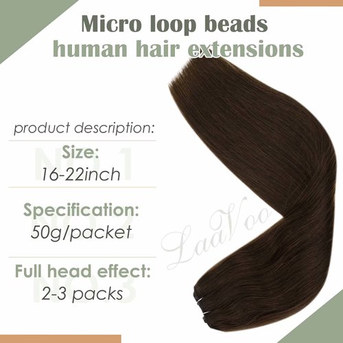 Micro Beaded Weft Extensions Brown LaaVoo Beaded in Weft Remy Extensions Dark Brown Easy Weft Micro Ring Weft Brown Human Hair Extensions Micro Beads Weft Brown Double Weft 12" Width 50g 18"
