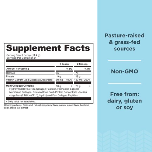 Ancient Nutrition Collagen Powder Protein, Multi Collagen Protein Powder, Strawberry Lemonade, 24 Servings, w/Vitamin C, Hydrolyzed Collagen Peptides for Skin, Nails, Gut Health and Joints, 9.65oz