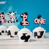 Ephlyn 24Pcs Cow First Birthday Cupcake Toppers Glitter Farm Animals Moo One Cupcake Pick Decorations for Baby Shower 1st Birthday Party Supplies Pink