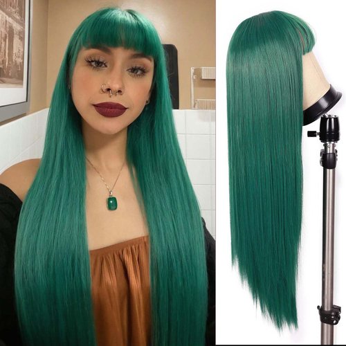 Lady Hanne Straight Wigs with Bangs 26 Inches Long Straight Green Synthetic Silky Wig with Bangs Hair Wig for Women Heat Resistant Wigs