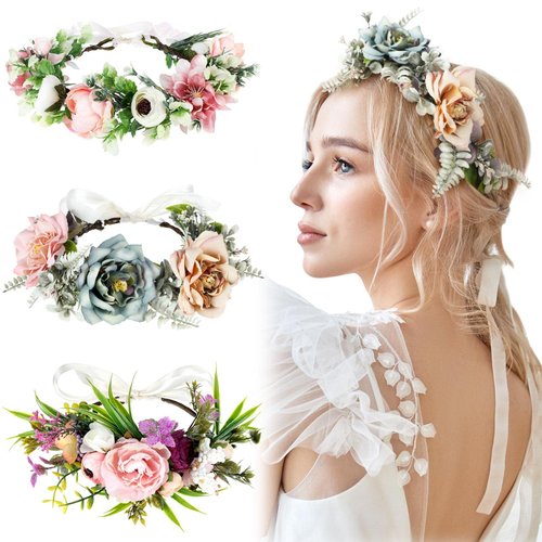 3 Pcs Flower Crown Adjustable Flower Headband Boho Floral Crown Floral Headpiece for Women Garland Hair Wreath with Ribbon Wedding Party Accessories for Renaissance Festival Photos, 3 Styles