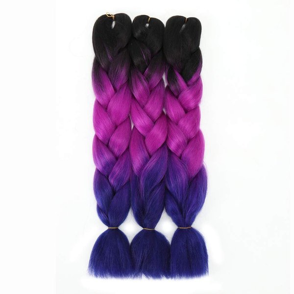 Themis Hair Ombre Braiding Hair 24 Inch Ombre Jumbo Braiding Hair 3 Packs Ombre Kanekalon Synthetic Braiding Hair Extensions for Braiding.(3 Packs,Black-Purple-Blue)