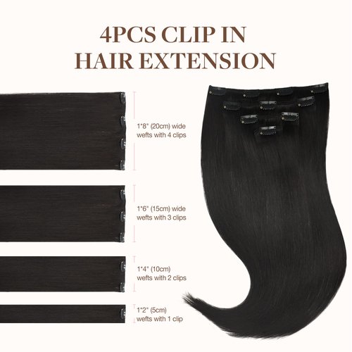 GOO GOO Clip in Hair Extensions Real Human Hair, 16inch 65g 4Pcs, 1B Natural black, Remy Human Hair Extensions Clip ins for Women, Natural Human Hair