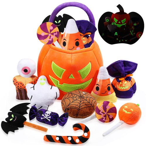 Liliful 11 Pcs Halloween Pumpkin Stuffed Animal My First Halloween Toys Glow in the Dark Plush Toys 14 Inches Pumpkin Bucket with Ghost Bat Spider Candy Corn for Halloween Party Decoration Baby Gifts