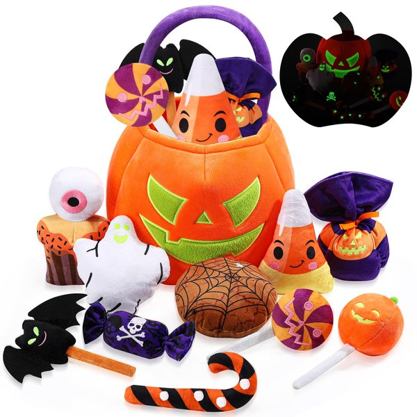 Liliful 11 Pcs Halloween Pumpkin Stuffed Animal My First Halloween Toys Glow in the Dark Plush Toys 14 Inches Pumpkin Bucket with Ghost Bat Spider Candy Corn for Halloween Party Decoration Baby Gifts