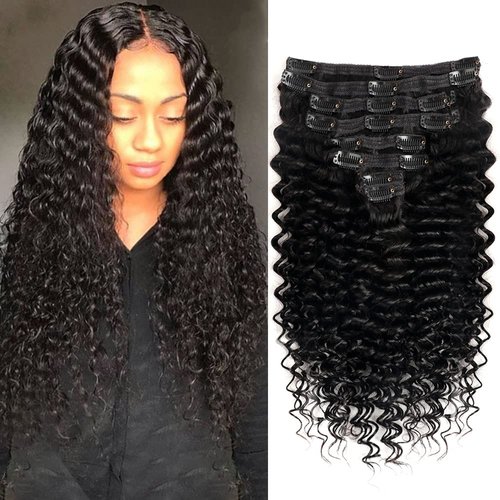 Pobokix Deep Wave Clip in Hair Extensions Real Human Hair Brazilian Virgin Human Hair Clip in Extensions for Black Women 8Pcs Remy Hair with 18Clips 120g (22inch, Natural Black)