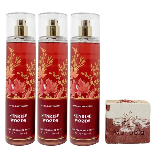Bath & Body Works Sunrise Woods - Pack of 3- Fine Fragrance Mist With a Cherry On Top Bar Soap.