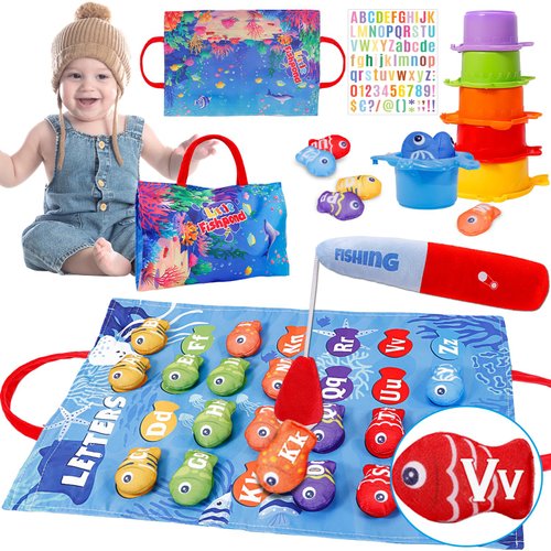 Esjay Fishing Game for Toddlers Montessori Toys for 1 2 3 4 Year Old, Educational Learning Cloth Fishing Toys for Color Sorting Stacking Counting, Gifts for Baby Toddler Birthday Boys Girls Age 1-3