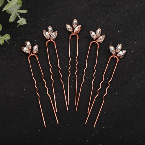 Teyglen 5pcs Crystal Bride Wedding Hair Pins Bridal Rhinestone Hair Piece Wedding Hair Accessories for Bride Sparkly Blue Red Green Crystal Hair Clips Pins for Women Girls Party Prom (Rose Gold)