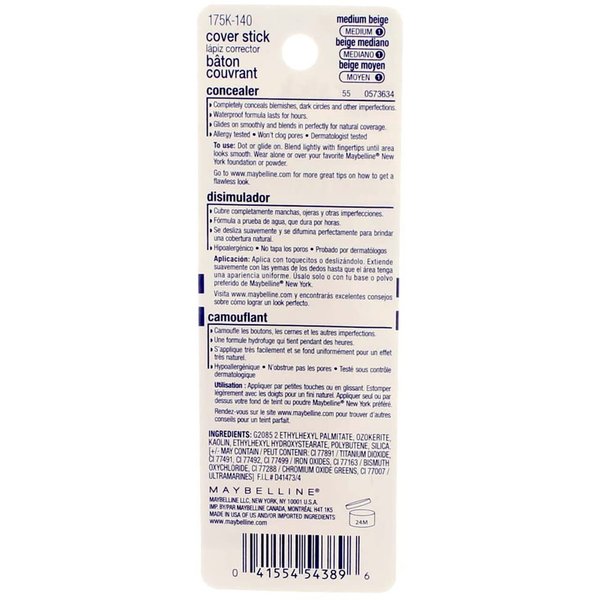 Maybelline Cover Stick Concealer, Medium Beige [140], 0.16 oz