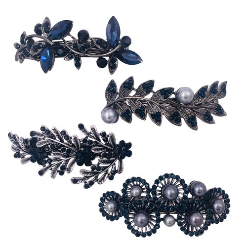 4PCS Vintage Silver French Barrettes Hair Clip Accessories Rhinestone Pearl Jewel for Women