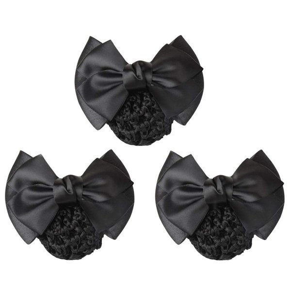 XINGZI 3 Pcs Lady Women Girls Black Bowknot Decor Snood Net Barrette Hair Clip Bun Hair Cover Hair Holder Clamp for Postal Bank Hotel Business Work Hair Accessories (Black)