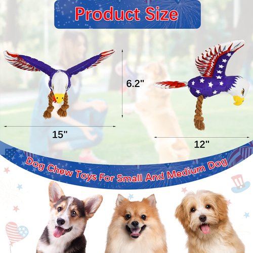 Vehomy Dog Squeaky Toy 4th of July Puppy Dog Toy Independence Day Pet Plush Eagle Toy with Crinkle Paper Squeaker Dog Interactive Toy for Small Medium Dogs