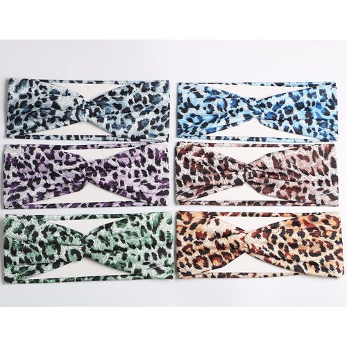 Hzaiwy 6PCS Women Leopard Boho Headbands,Boho Floal Style Criss Cross Head Wrap,Wide Top Knot Turban Hair Band (Leopard print)