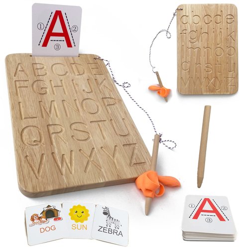 Montessori Alphabet Tracing Board, Oak Made Come with 26 Pcs Cards & Pen Grip Toddlers Double-Side Learning Toys ABC 3+ Kids Preschool Practice Materials Letters Writing Homeschool