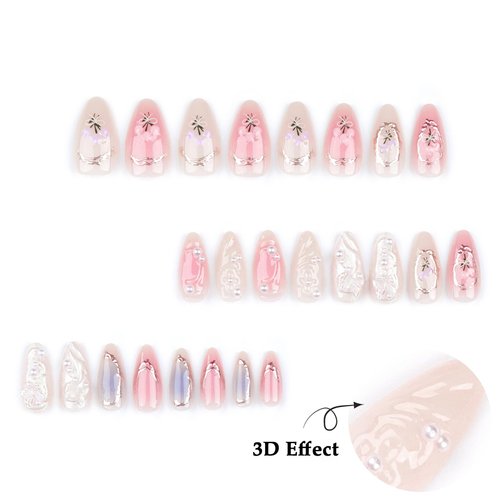 LPOODDNU 3D Handmade Press on Nails with Charms Medium Almond Fake Nails Cute French Nails Press ons Butterfly Flower Bow Stick on Nails Almond Shape Acrylic Nails Pearl Nails for Women Daily Wear