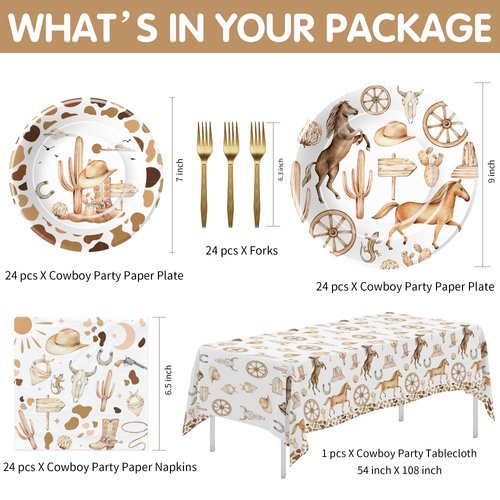 APOWBLS Western Cowboy Birthday Party Decorations Tableware - Wild West Party Supplies, Paper Plate, Napkin, Fork, Tablecloth, Western Cowboy Rodeo Birthday Table Decorations Dinnerware | Serve 24