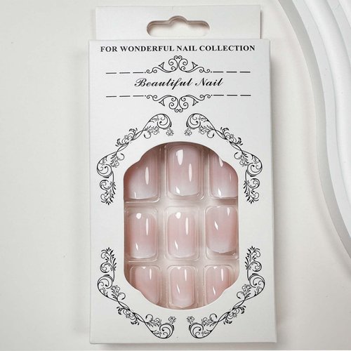 Ombre Press on Nails Short Square Fake Nails French Tip False Nails with Designs White Pink Gradient Glue on Nails Glossy Acrylic Stick on Nails Nude Artificial Nails for Women Manicure 24Pcs