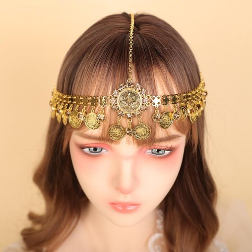 BERYUAN Gold Coins Rhinestone Pendant Headchain Vinatge Boho Coins Pendant Head Chain Gold Sequin Head Chain for Women for Party Wedding