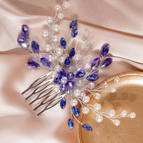 Xerling Blue Sapphire Bridal Hair Comb Rhinestone Wedding Hair Accessories for Bride Vintage Pearl Crystal Headpiece for Women (Blue)