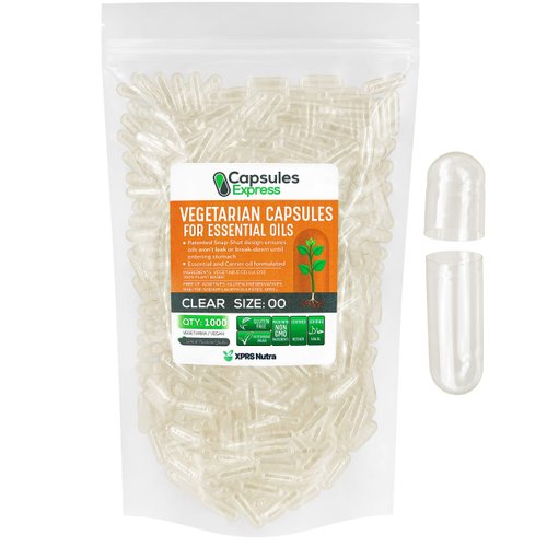 XPRS Nutra Size 00 Empty Vegan Capsules - 1000 Count Clear Veggie Capsules for Most Essential Oils - Empty Vegetable Pills - DIY Oil Filling