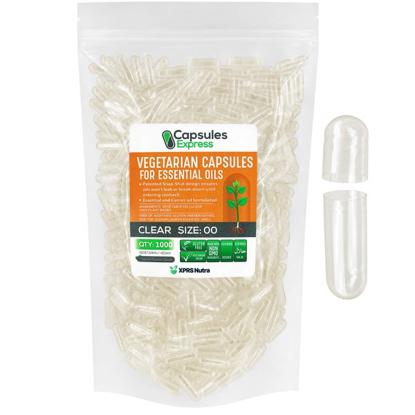 XPRS Nutra Size 00 Empty Vegan Capsules - 1000 Count Clear Veggie Capsules for Most Essential Oils - Empty Vegetable Pills - DIY Oil Filling