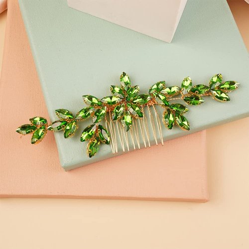 BERYUAN Wedding Crystal Hair Comb, Green Rhinestone Flower Headband, Handmade Item for Brides and Gift Buyers, Women's Hair Accessory
