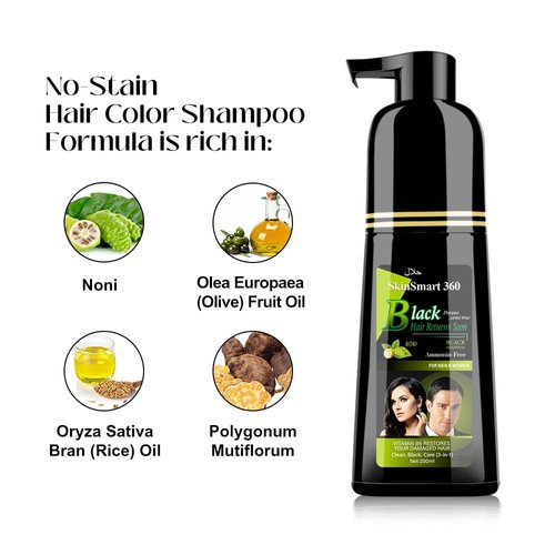 No-Stain Hair Dye Shampoo for Men & Women, No-Stain on Skin & Scalp, Natural Ingredients, Ammonia & Parabens-Free, Up to 100% Gray Coverage, Easy No-Mix Application, 200 mL, Pack of 1 (Natural Black)