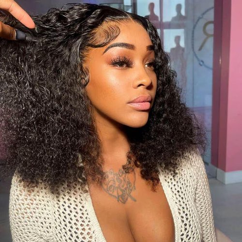 yuccy Curly Bob Wig Human Hair 13X4 Water Wave Lace Front Wig Human Hair Pre Plucked 250% Density Curly Bob Wigs for Women Natural Color 16 Inch…