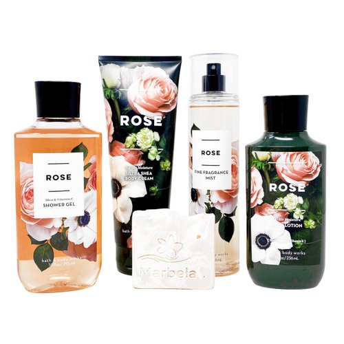 Bath & Body Works ROSE - Deluxe Gift Set - Fine Fragrance Mist, Body Cream, Shower Gel and Body Lotion with a Himalayan Salts Spring Sample Soap.