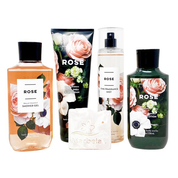 Bath & Body Works ROSE - Deluxe Gift Set - Fine Fragrance Mist, Body Cream, Shower Gel and Body Lotion with a Himalayan Salts Spring Sample Soap.