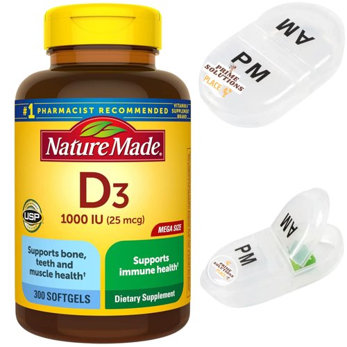 Nature Made Vitamin D3 1000 IU (25 mcg), Immune, Bone, Teeth, Muscle Health Support, 300-Day Supply (300 Count), Bundle with Compact Travel Pill Case.