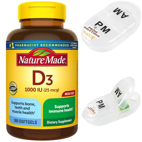 Nature Made Vitamin D3 1000 IU (25 mcg), Immune, Bone, Teeth, Muscle Health Support, 300-Day Supply (300 Count), Bundle with Compact Travel Pill Case.